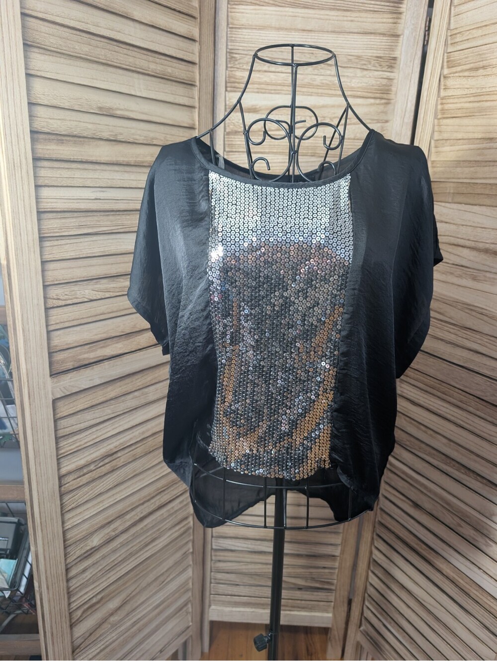 Loving Doll Size Medium, Sheer Black Shirt With Silver Sequin Stripe